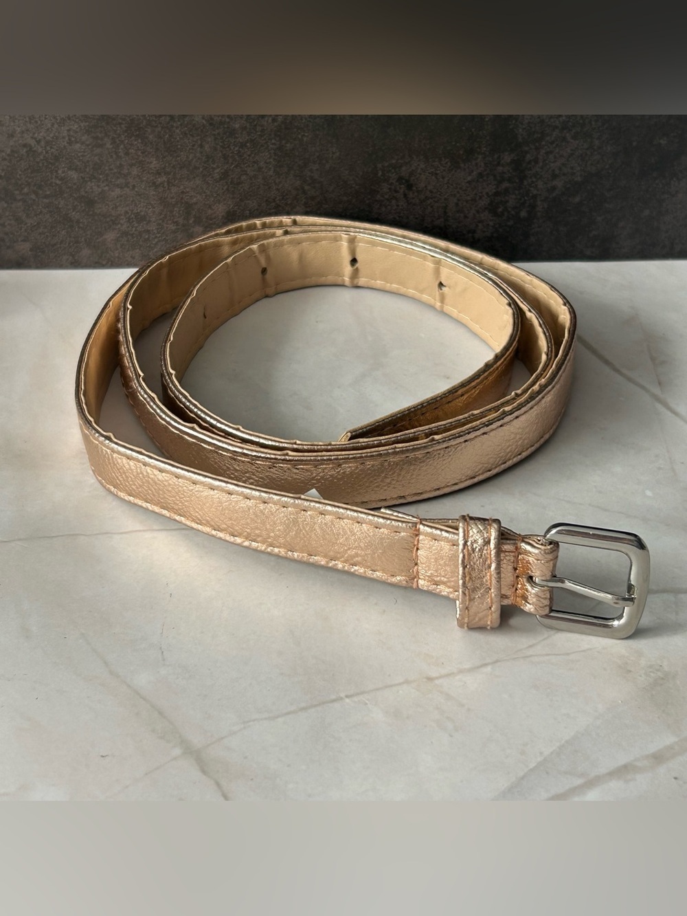 Metallic Rose Gold Slim Leather Belt with Silver Buckle